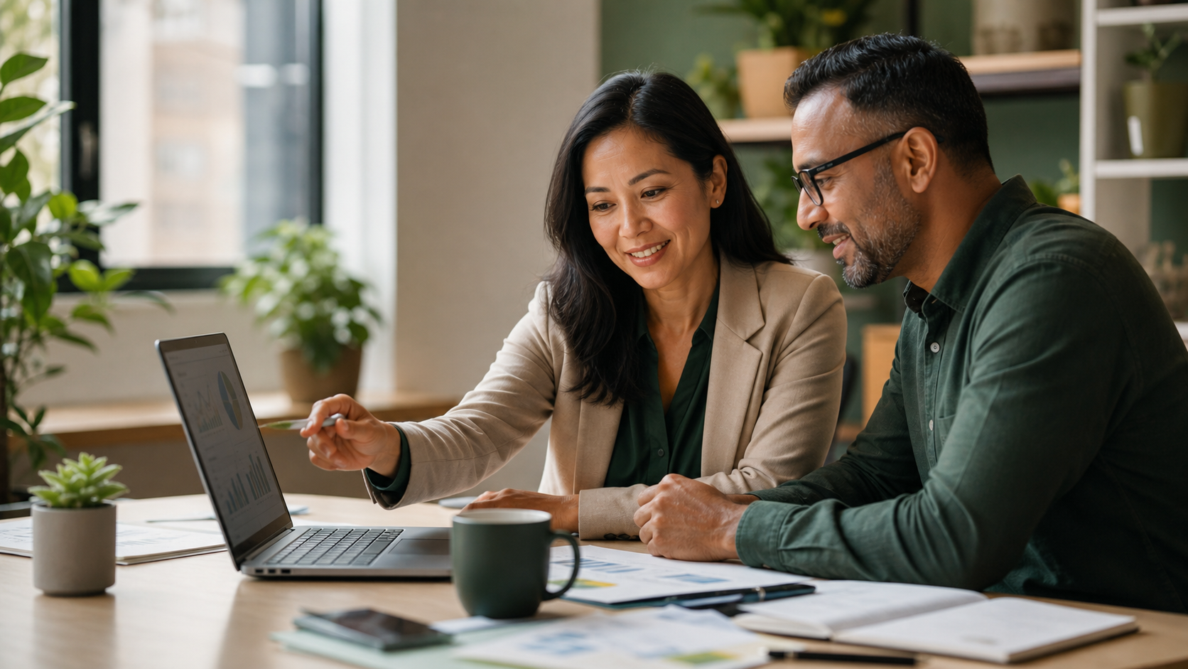Small business owner and accounting advisor reviewing financial reports on a laptop