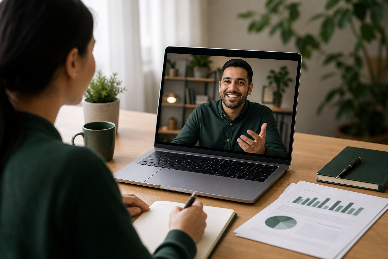 Remote accounting consultation on a laptop with financial reports nearby