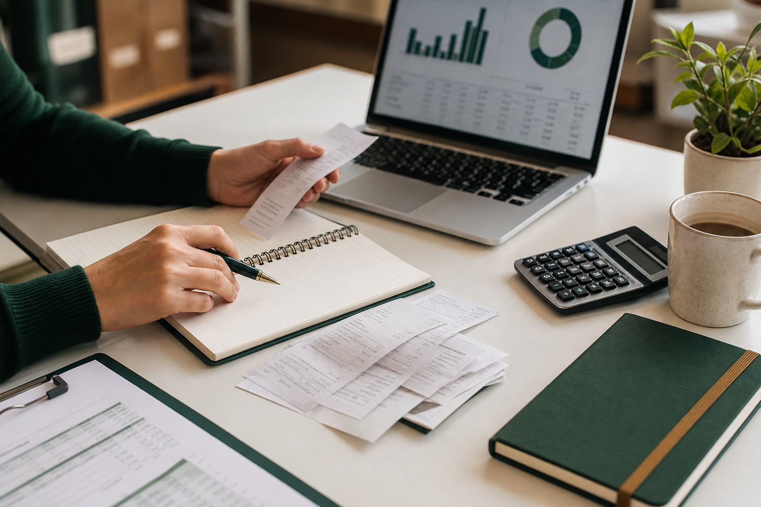 Receipts, notebook, and laptop with accounting charts on a tidy desk