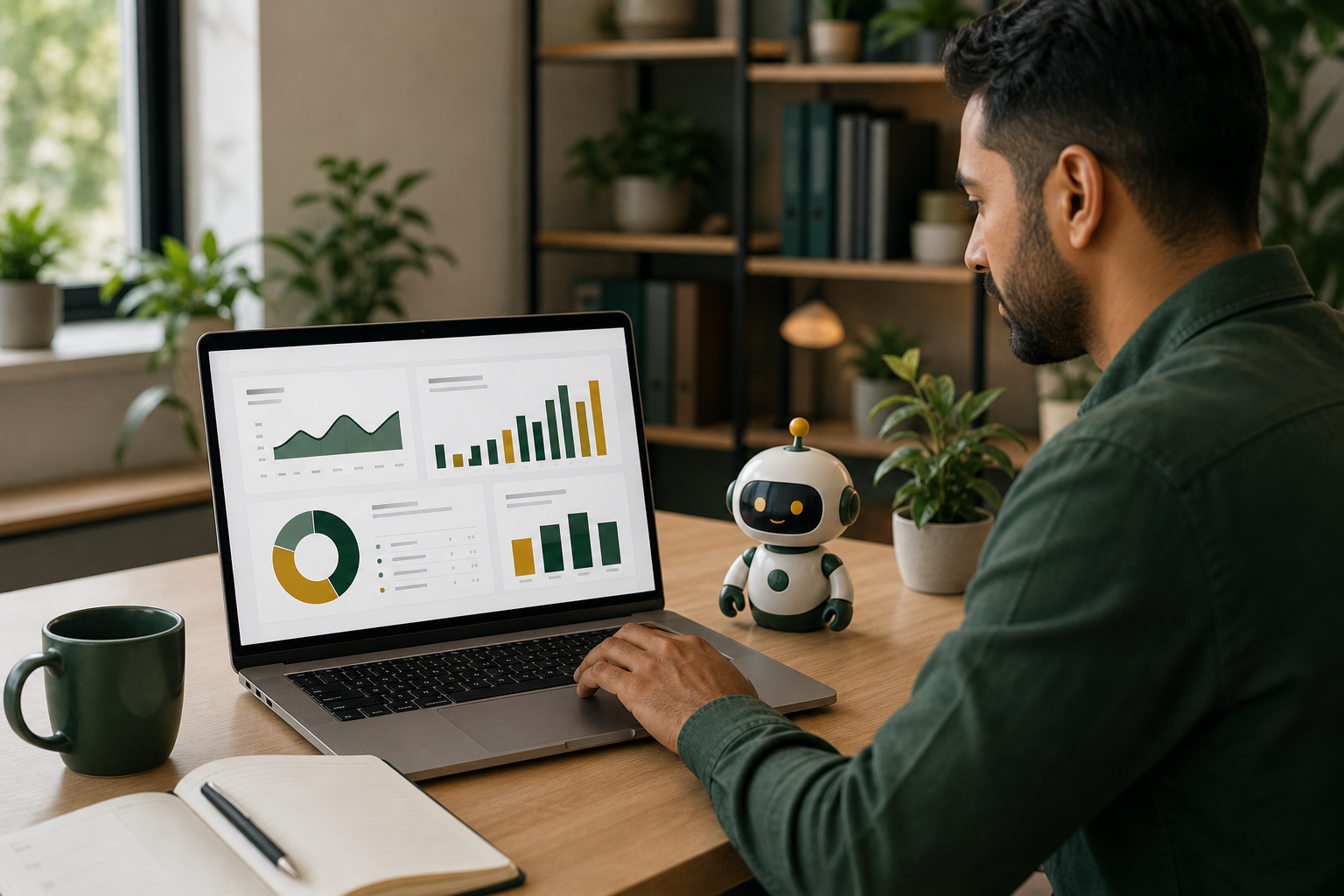 Business owner reviewing dashboard charts with a small robot assistant beside the laptop