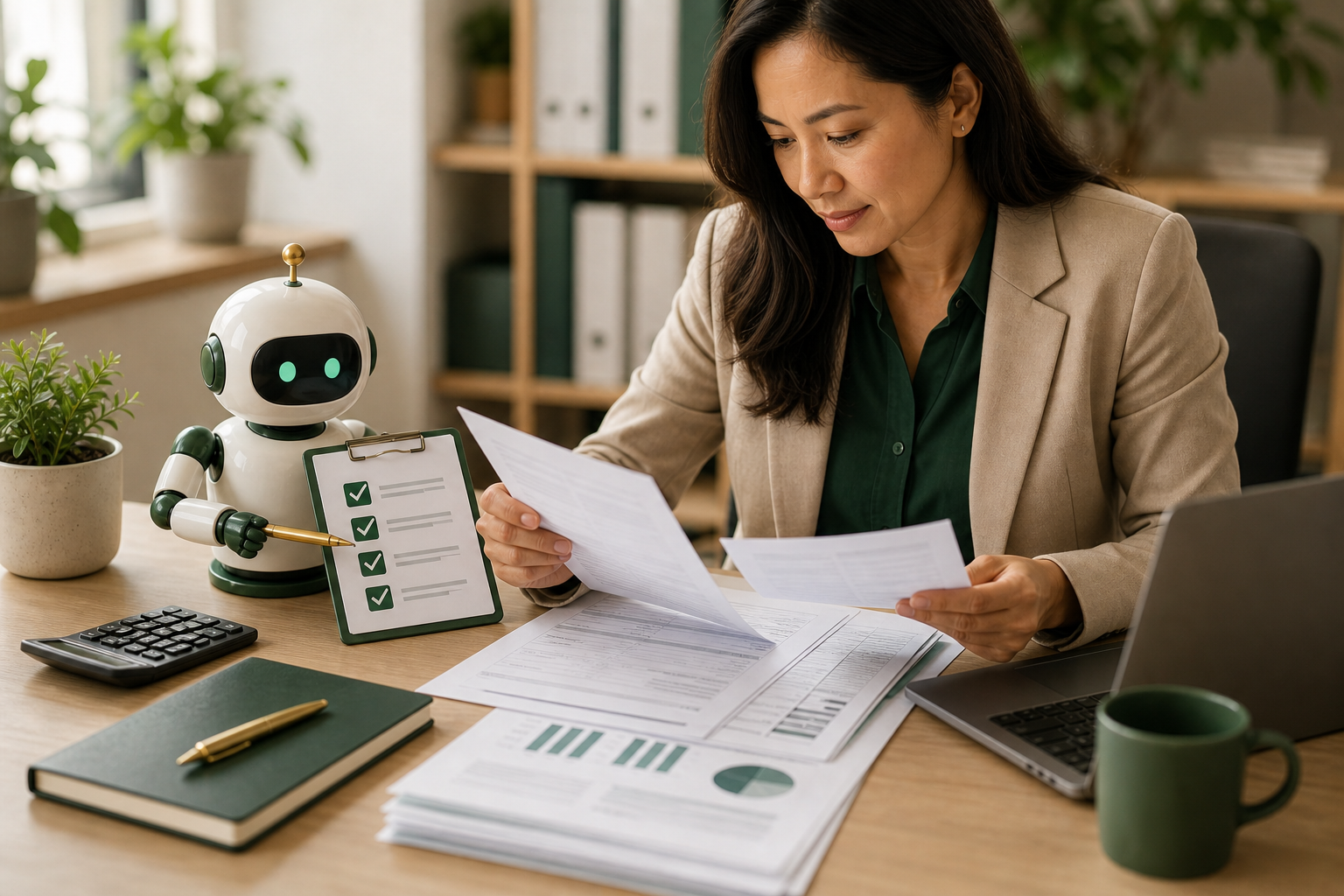 Accountant reviewing tax documents with a small robot checklist assistant